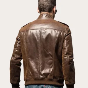 Brown Bomber Leather Jacket With Rib Collar