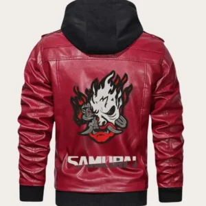 Cyberpunk 2077 Premium Hooded Samurai Gaming Red Leather Jacket