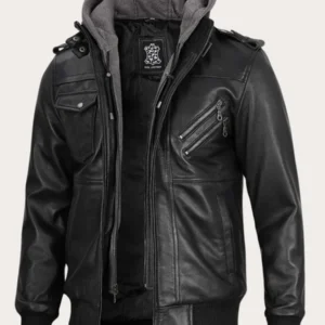 Men’s Black Bomber Leather Hooded Jacket