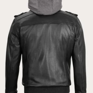 Men’s Black Bomber Leather Hooded Jacket For Sale